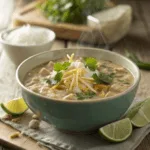 Easy Creamy Crockpot White Chicken Chili in rustic bowl